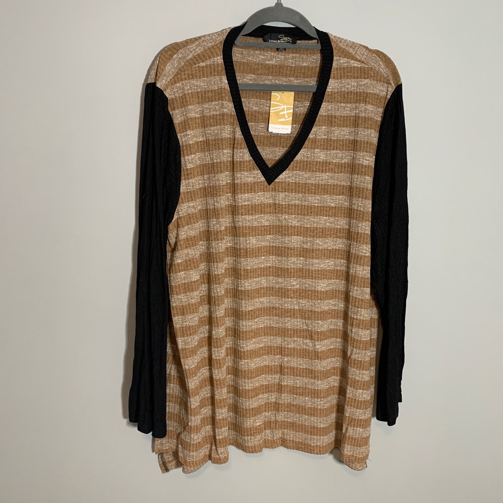 NEW Suzanne Betro 4X Striped V‎ Neck Long Sleeve Top Women's Tan Black Ribbed